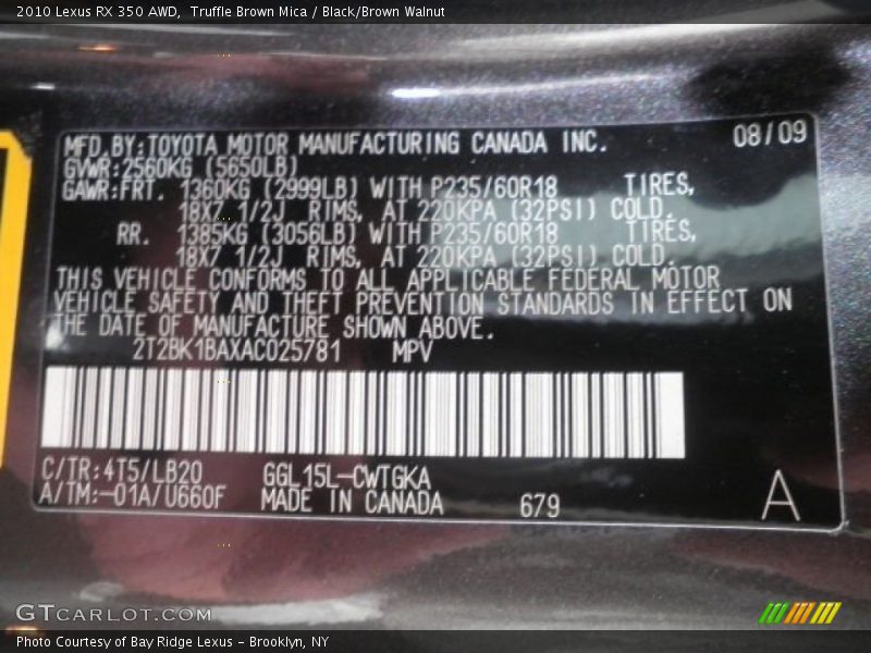 Truffle Brown Mica / Black/Brown Walnut 2010 Lexus RX 350 AWD
