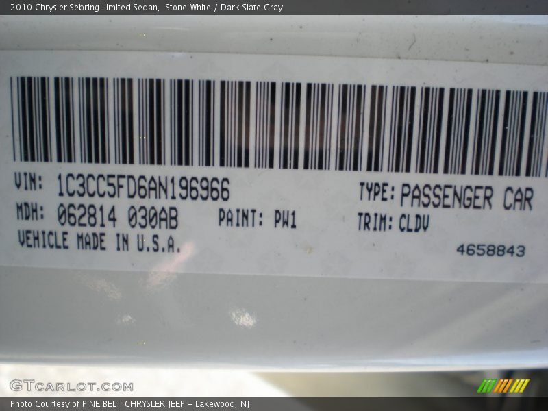 Stone White / Dark Slate Gray 2010 Chrysler Sebring Limited Sedan