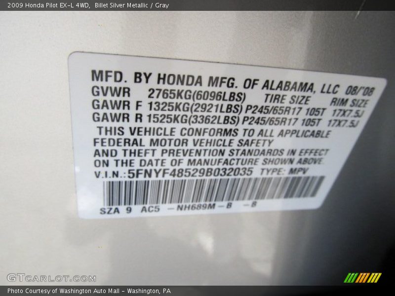 Billet Silver Metallic / Gray 2009 Honda Pilot EX-L 4WD