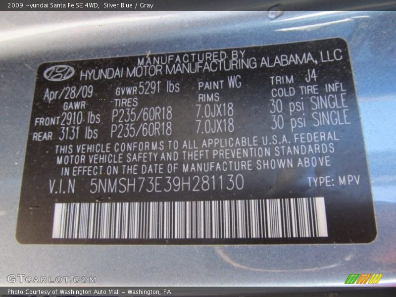 2009 Santa Fe SE 4WD Silver Blue Color Code WG