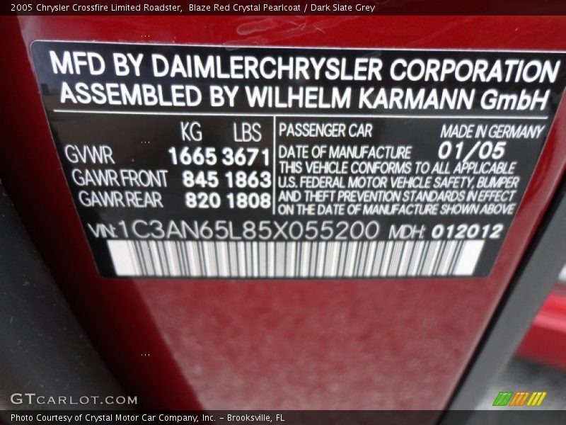 Info Tag of 2005 Crossfire Limited Roadster