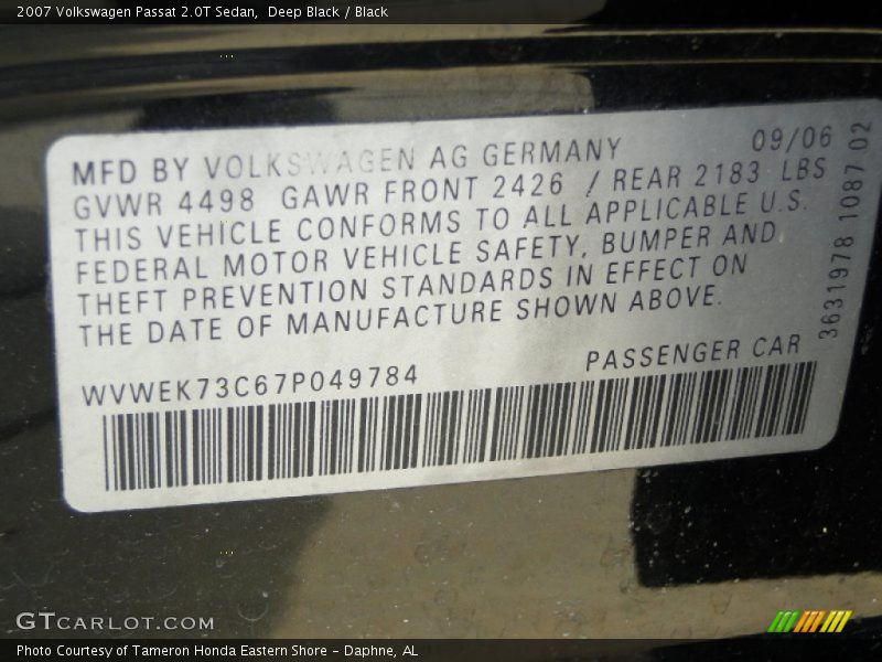 Deep Black / Black 2007 Volkswagen Passat 2.0T Sedan