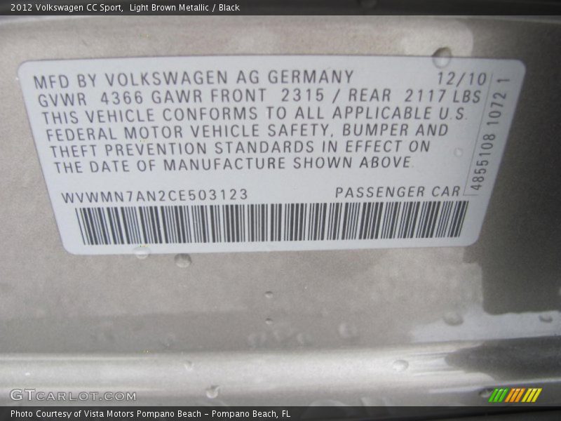 Light Brown Metallic / Black 2012 Volkswagen CC Sport