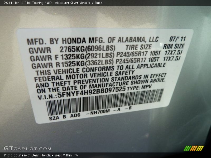 2011 Pilot Touring 4WD Alabaster Silver Metallic Color Code NH700M