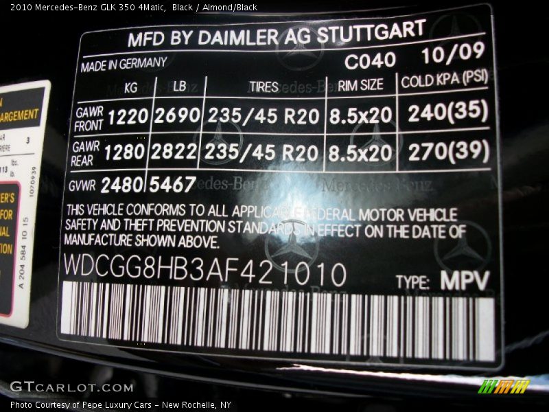 2010 GLK 350 4Matic Black Color Code 040