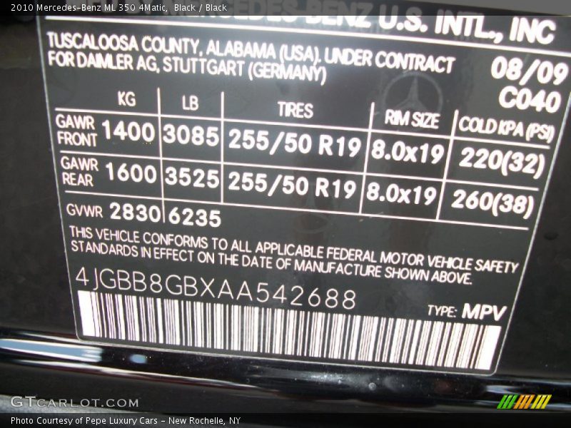2010 ML 350 4Matic Black Color Code 040