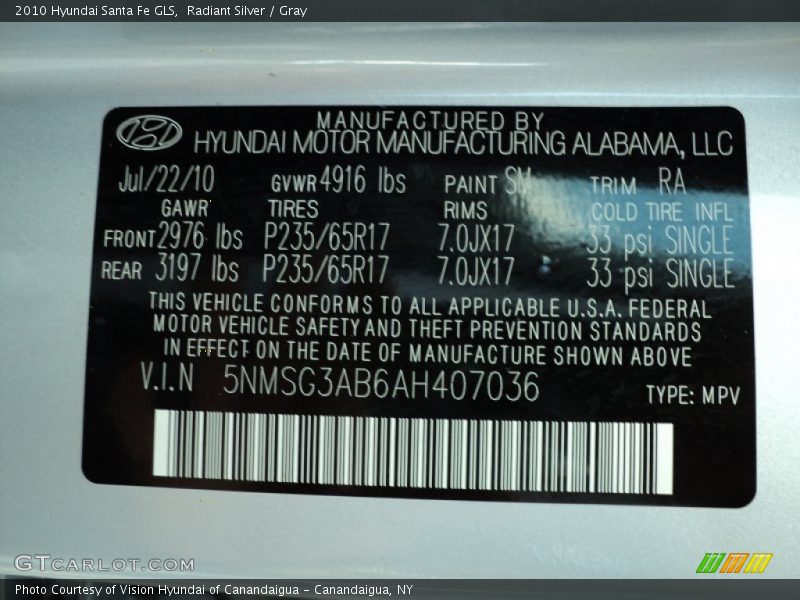 Radiant Silver / Gray 2010 Hyundai Santa Fe GLS