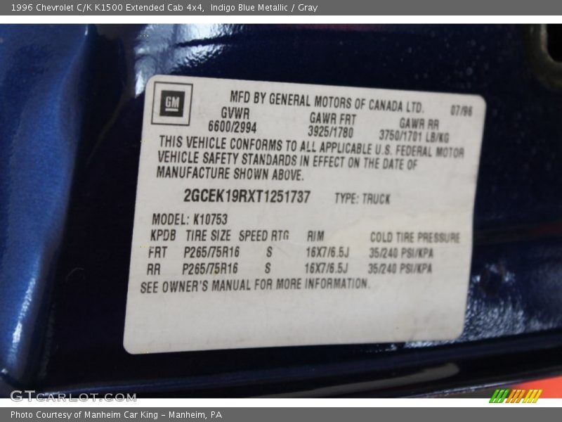 Indigo Blue Metallic / Gray 1996 Chevrolet C/K K1500 Extended Cab 4x4