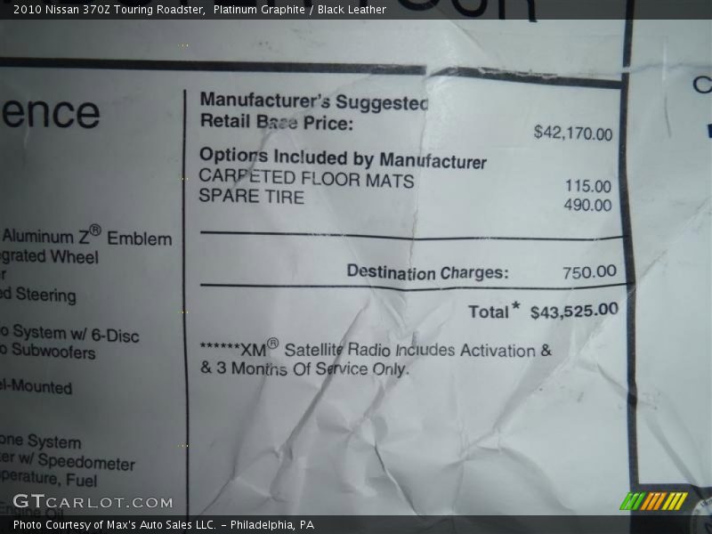  2010 370Z Touring Roadster Window Sticker