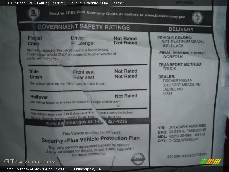  2010 370Z Touring Roadster Window Sticker