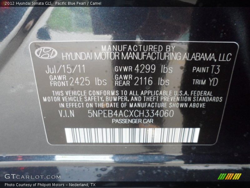 2012 Sonata GLS Pacific Blue Pearl Color Code T3