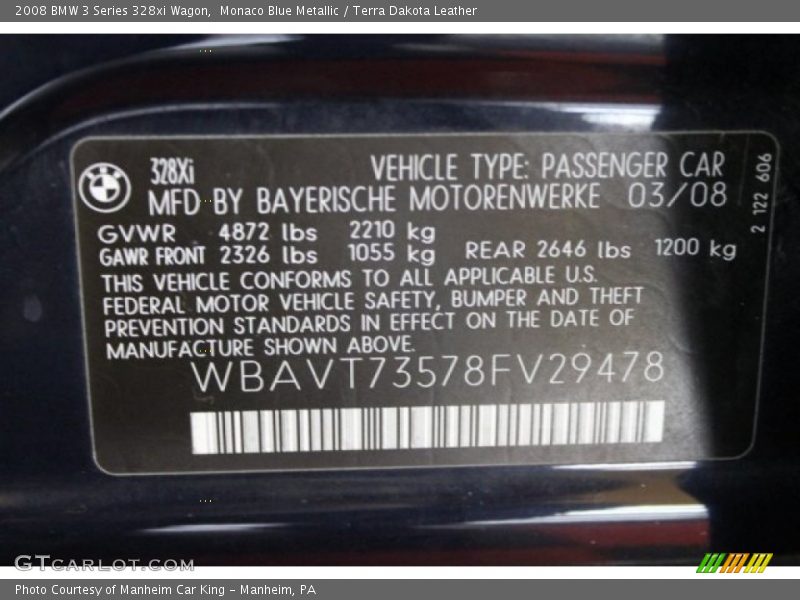 Monaco Blue Metallic / Terra Dakota Leather 2008 BMW 3 Series 328xi Wagon