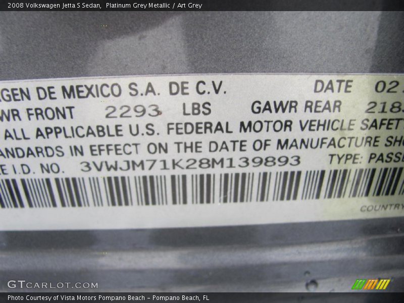 Platinum Grey Metallic / Art Grey 2008 Volkswagen Jetta S Sedan