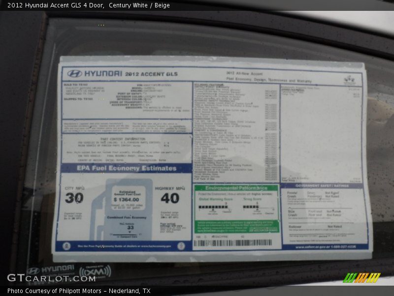  2012 Accent GLS 4 Door Window Sticker