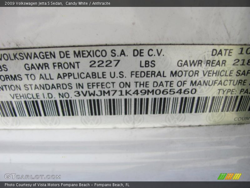 Candy White / Anthracite 2009 Volkswagen Jetta S Sedan