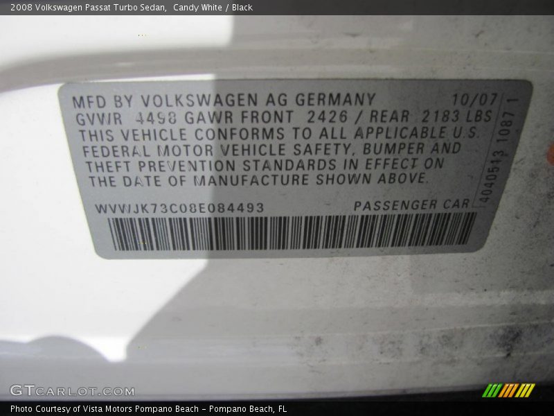 Candy White / Black 2008 Volkswagen Passat Turbo Sedan