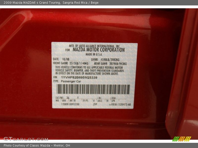 2009 MAZDA6 s Grand Touring Sangria Red Mica Color Code 36Y