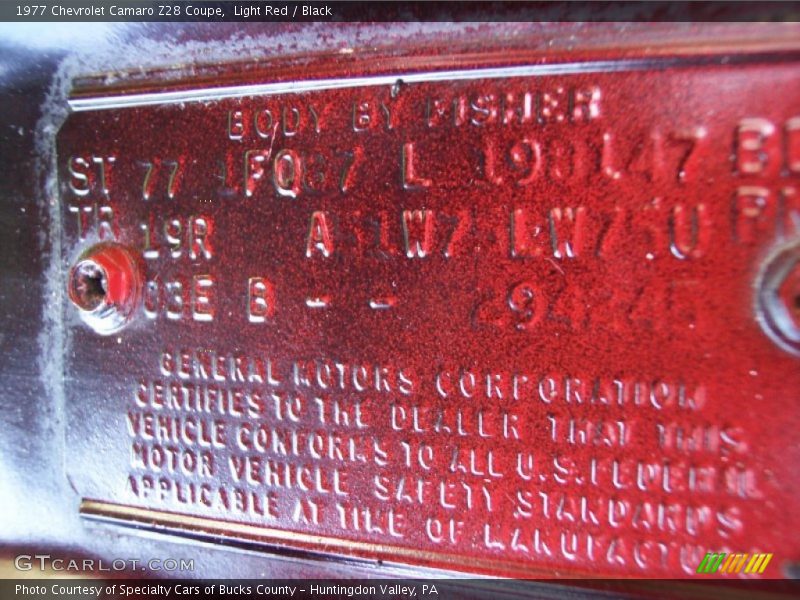 Info Tag of 1977 Camaro Z28 Coupe