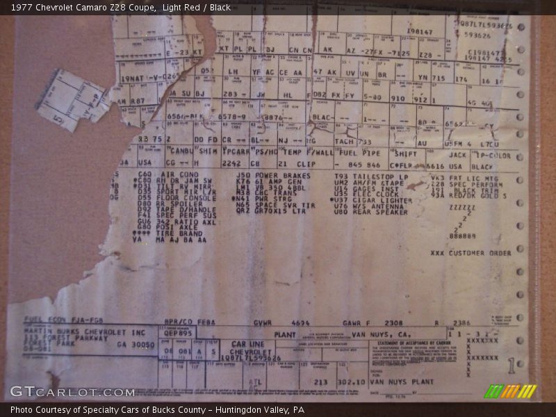 Info Tag of 1977 Camaro Z28 Coupe