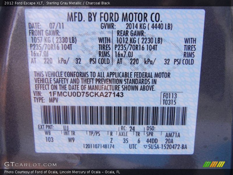 2012 Escape XLT Sterling Gray Metallic Color Code UJ