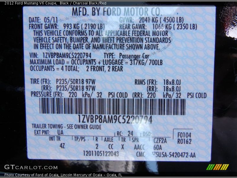 Black / Charcoal Black/Red 2012 Ford Mustang V6 Coupe