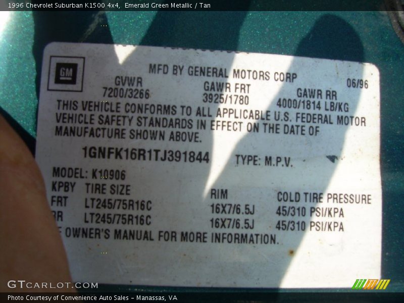 Info Tag of 1996 Suburban K1500 4x4
