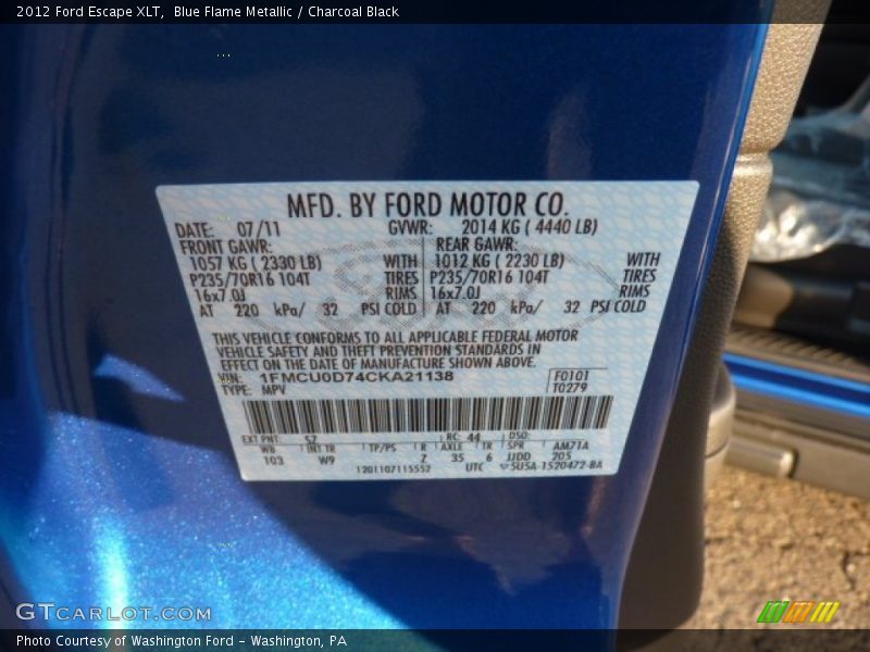 2012 Escape XLT Blue Flame Metallic Color Code SZ