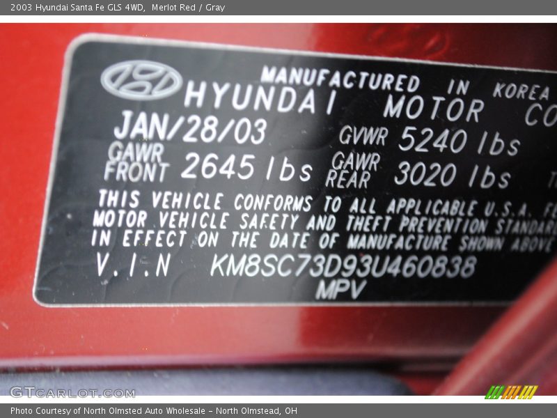 Info Tag of 2003 Santa Fe GLS 4WD