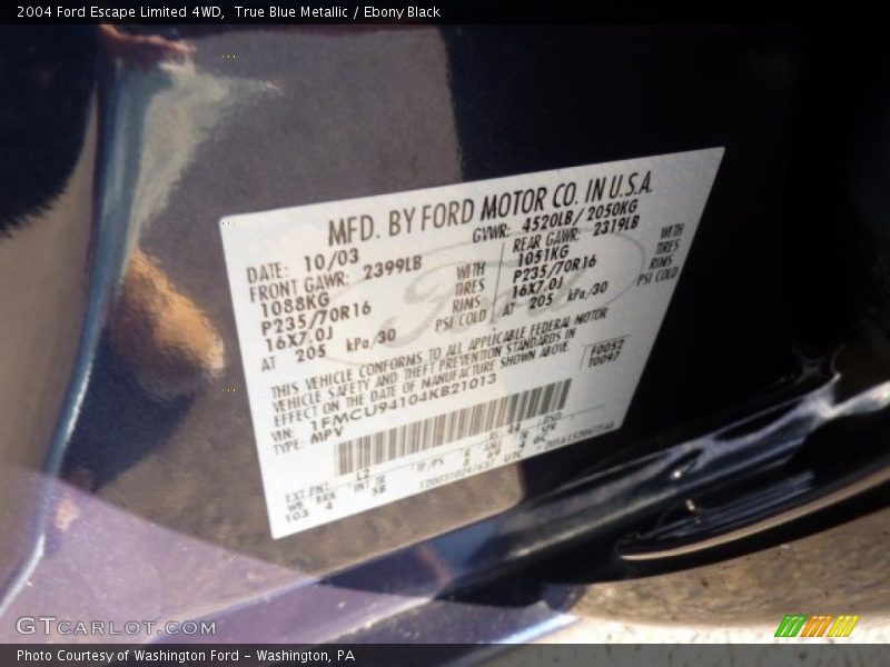 True Blue Metallic / Ebony Black 2004 Ford Escape Limited 4WD