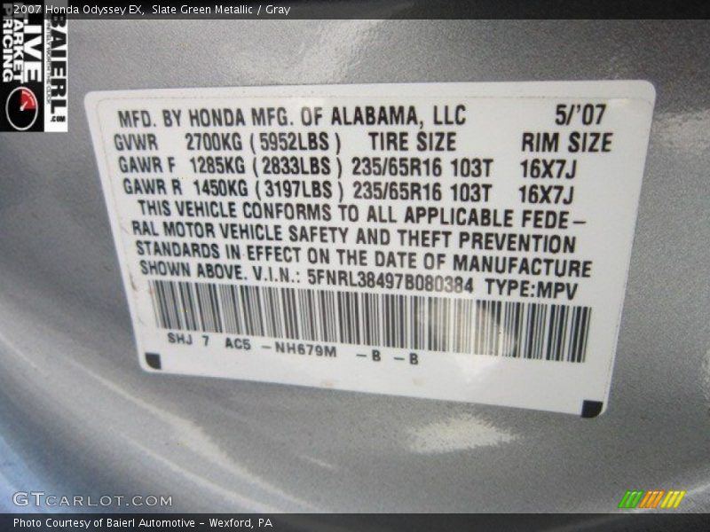 Slate Green Metallic / Gray 2007 Honda Odyssey EX