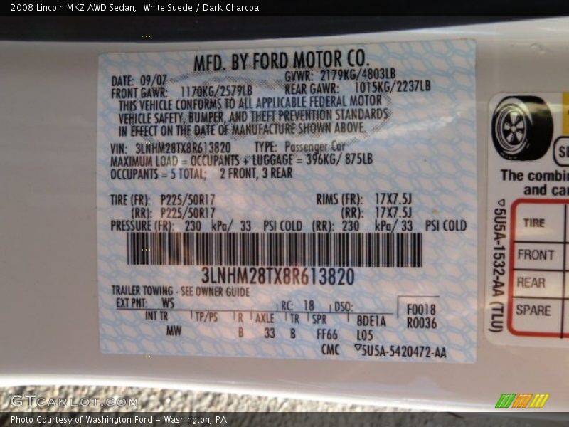 White Suede / Dark Charcoal 2008 Lincoln MKZ AWD Sedan