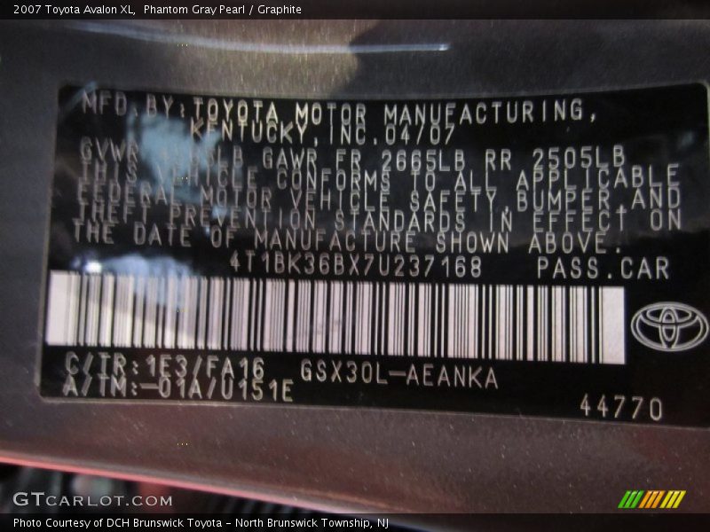 Phantom Gray Pearl / Graphite 2007 Toyota Avalon XL