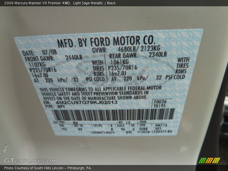 2009 Mariner V6 Premier 4WD Light Sage Metallic Color Code NH