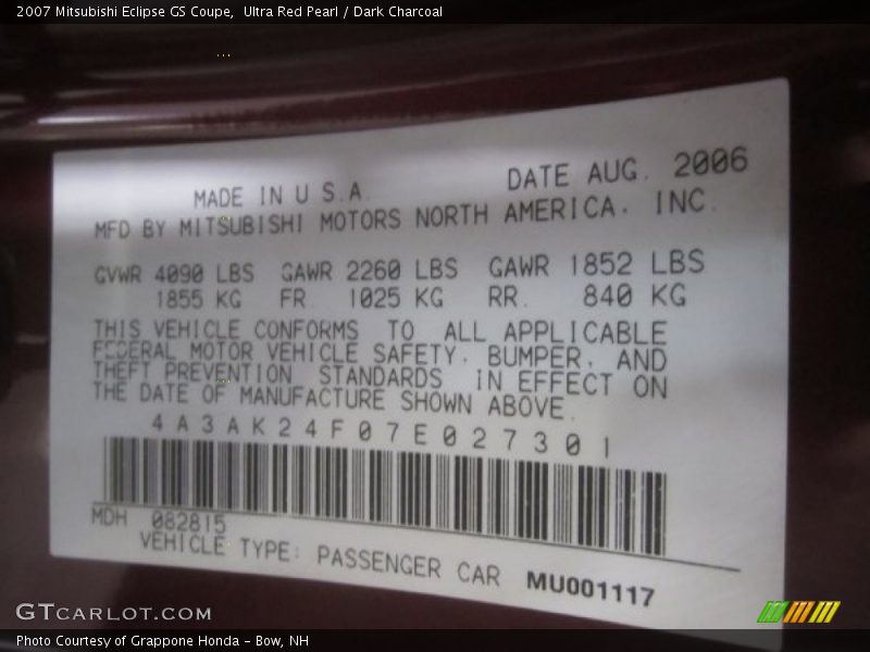 Ultra Red Pearl / Dark Charcoal 2007 Mitsubishi Eclipse GS Coupe