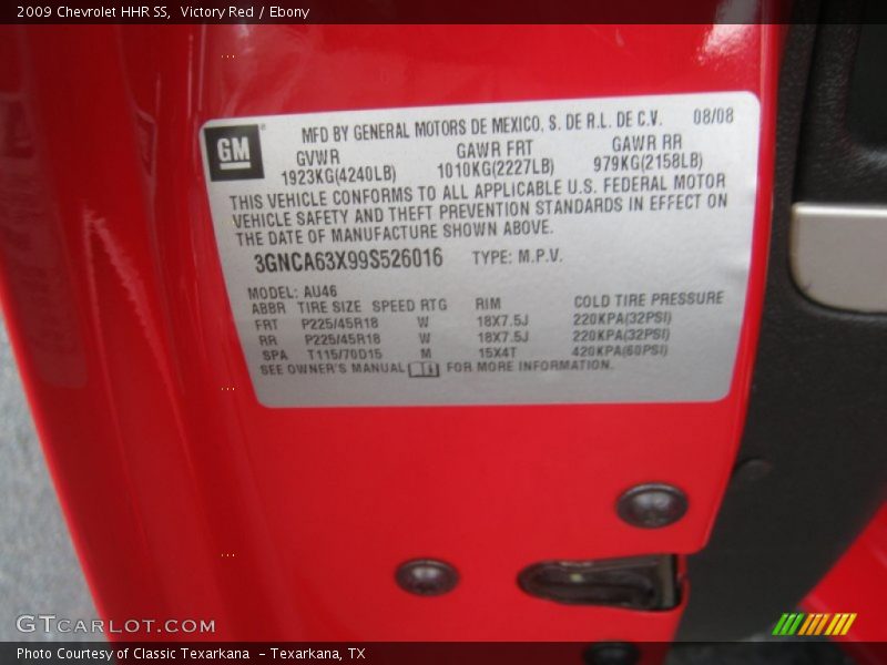 Info Tag of 2009 HHR SS