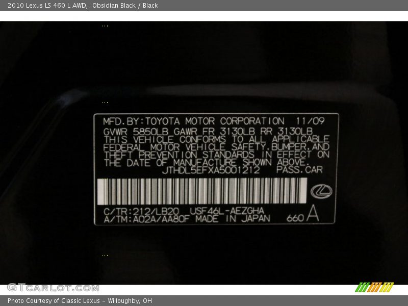 2010 LS 460 L AWD Obsidian Black Color Code 212
