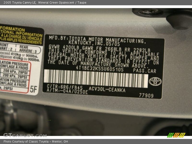 Mineral Green Opalescent / Taupe 2005 Toyota Camry LE