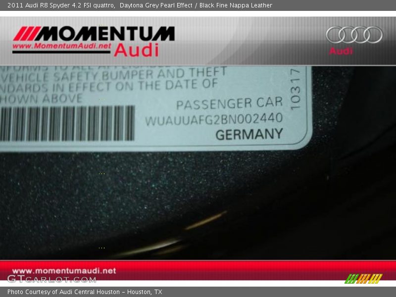 Daytona Grey Pearl Effect / Black Fine Nappa Leather 2011 Audi R8 Spyder 4.2 FSI quattro