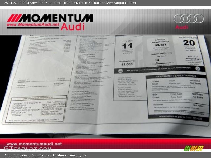 Jet Blue Metallic / Titanium Grey Nappa Leather 2011 Audi R8 Spyder 4.2 FSI quattro