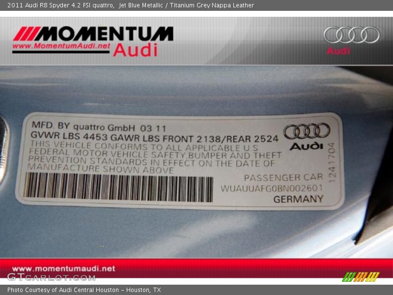 Jet Blue Metallic / Titanium Grey Nappa Leather 2011 Audi R8 Spyder 4.2 FSI quattro