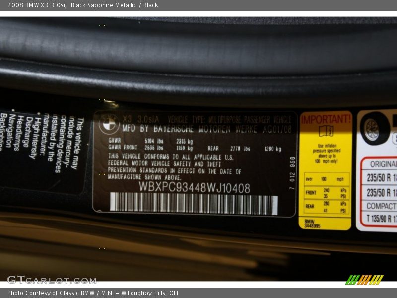Black Sapphire Metallic / Black 2008 BMW X3 3.0si