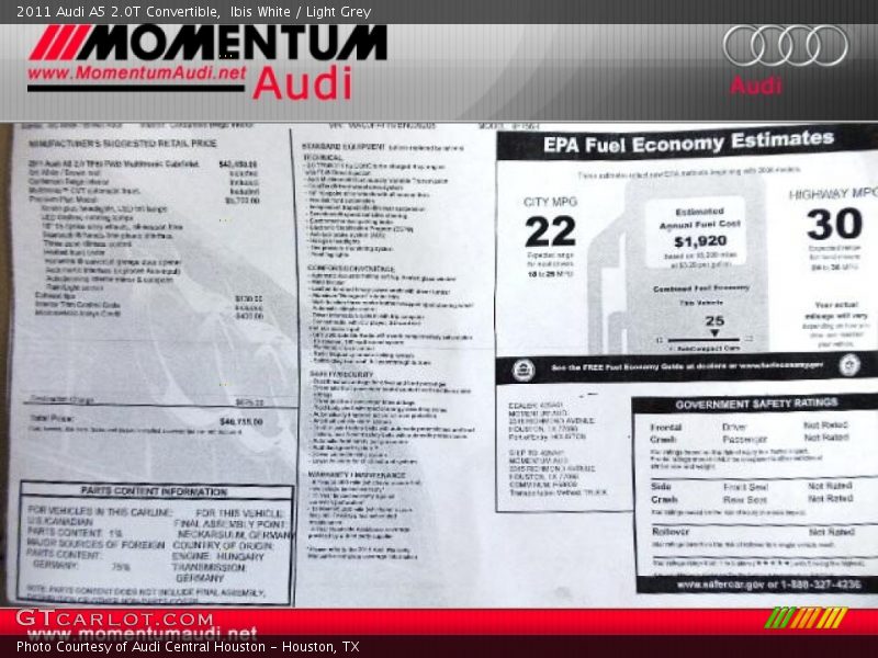 Ibis White / Light Grey 2011 Audi A5 2.0T Convertible