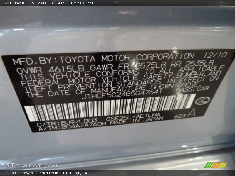 2011 IS 250 AWD Cerulean Blue Mica Color Code 8U9