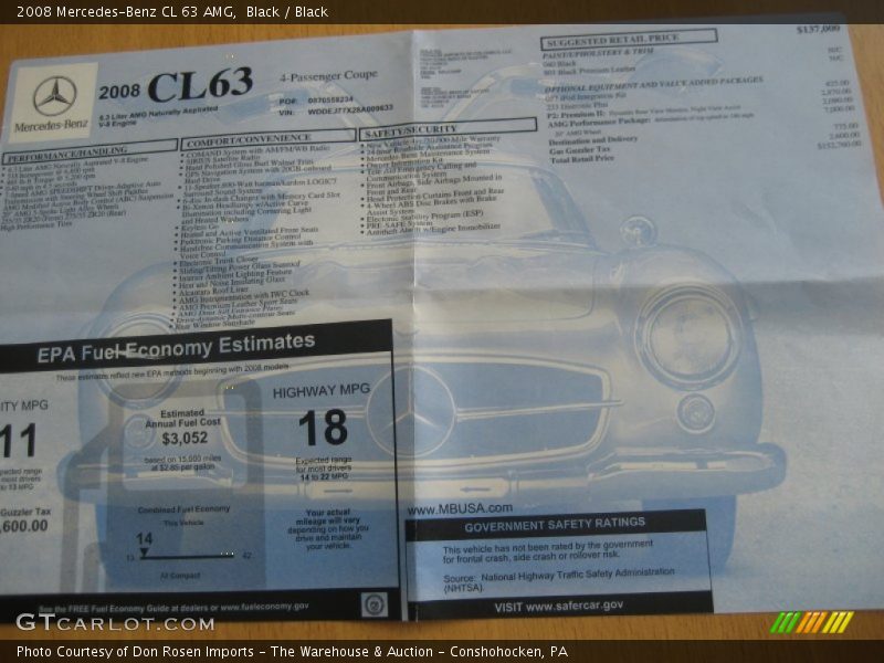  2008 CL 63 AMG Window Sticker