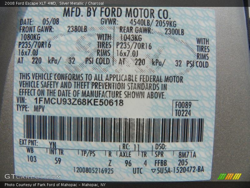 Silver Metallic / Charcoal 2008 Ford Escape XLT 4WD