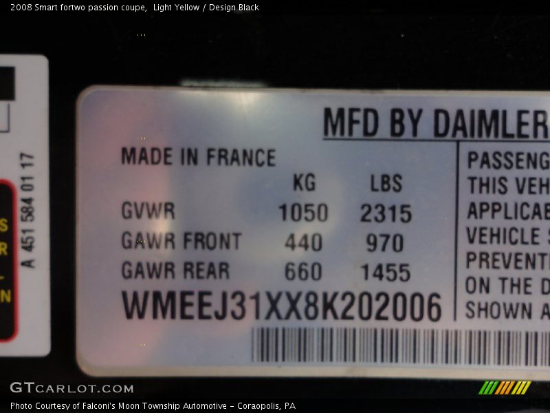 Info Tag of 2008 fortwo passion coupe