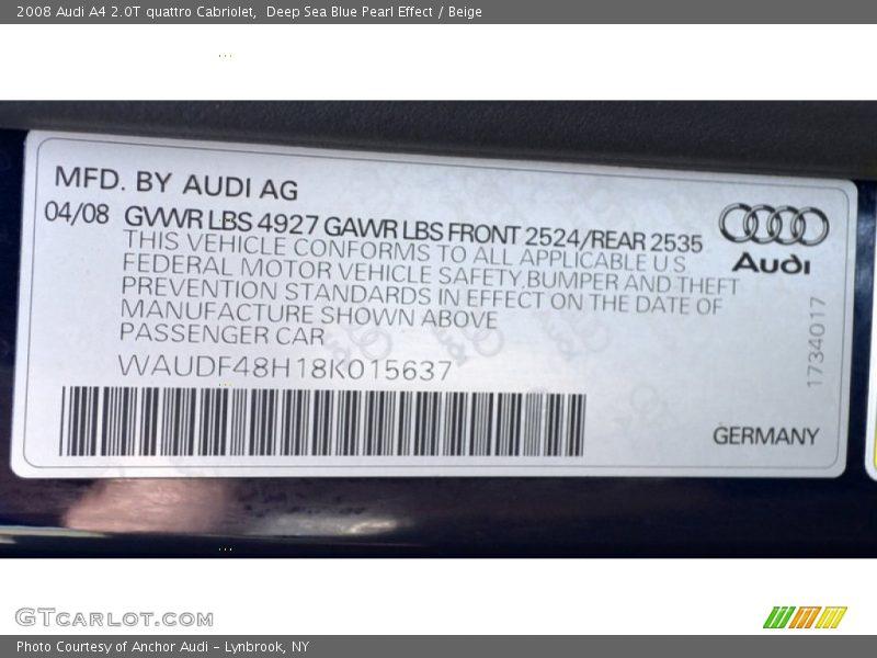 Deep Sea Blue Pearl Effect / Beige 2008 Audi A4 2.0T quattro Cabriolet