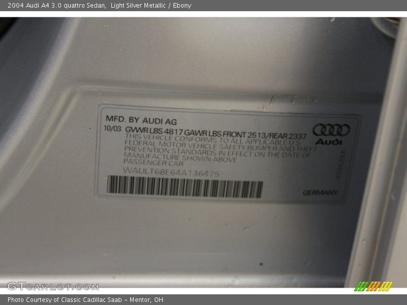 Light Silver Metallic / Ebony 2004 Audi A4 3.0 quattro Sedan