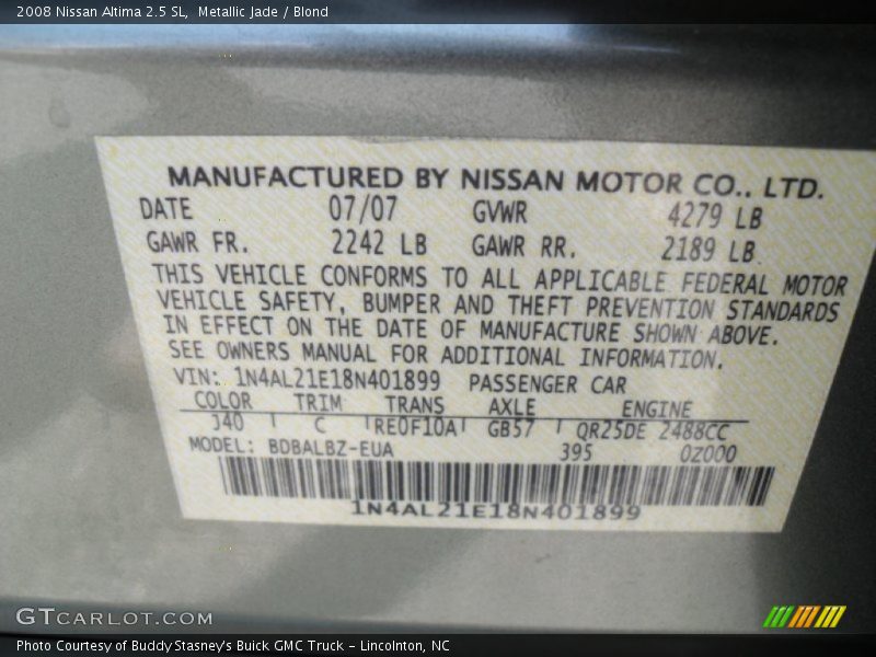 Metallic Jade / Blond 2008 Nissan Altima 2.5 SL