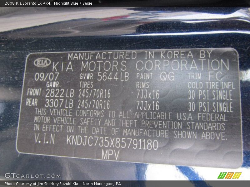 Midnight Blue / Beige 2008 Kia Sorento LX 4x4